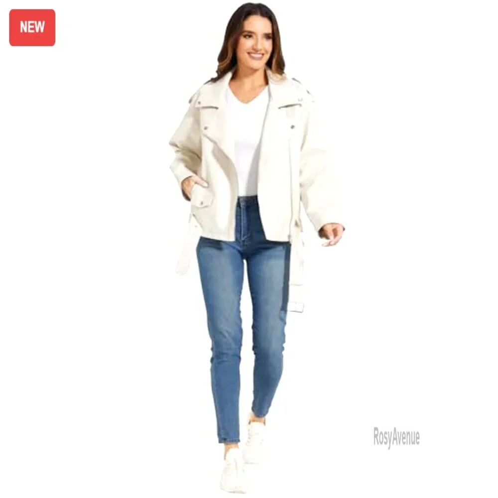 Faux Leather Motorcycle Jacket, Stretch PU Moto Coat, Utility Pockets, All - Picture 4 of 6